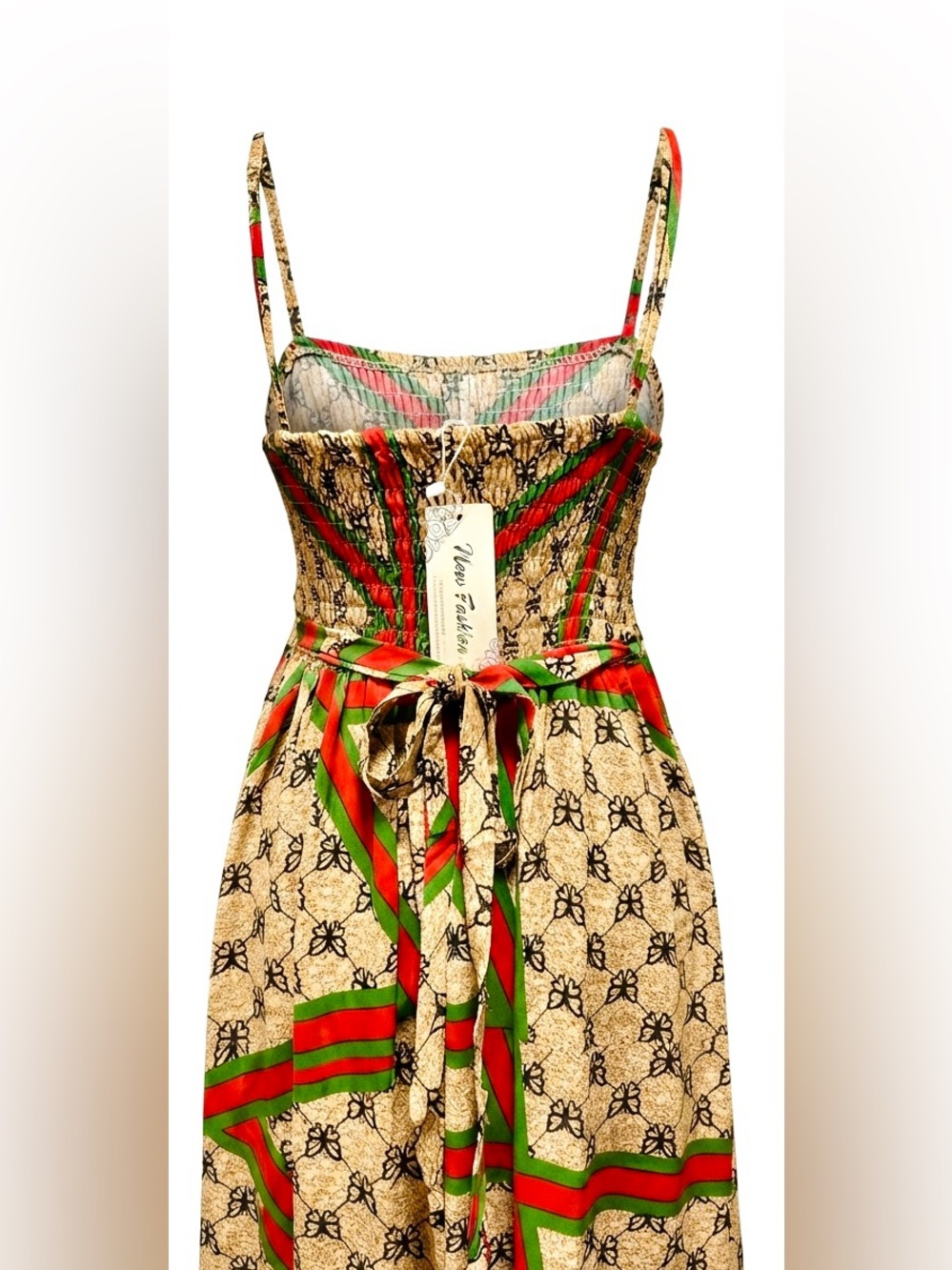 Beige Butterfly Monogram Smocked Maxi Dress Adjustable Straps Pockets Sundress - Picture 5 of 11